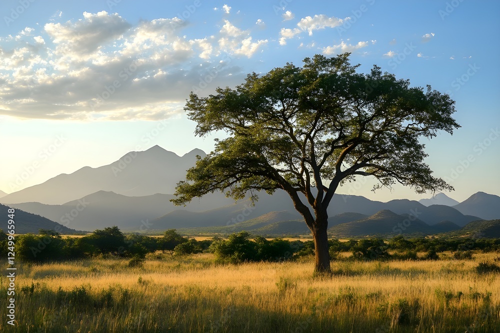 Obraz premium The beauty of the savannah, depicting a large tree standing majestically in a vast field, with towering mountains as a backdrop, depicting the harmony of nature