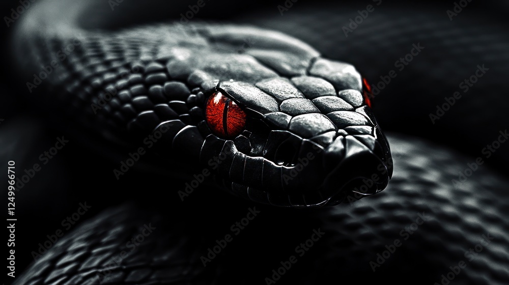 Fototapeta premium Black snake close-up, red eyes, dark background, nature photography, wildlife