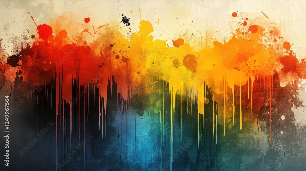 Fototapeta premium Vibrant abstract art with paint splatters and drips in orange, yellow, and blue. Ideal for backgrounds, website design, or adding a creative, energetic feel to projects.