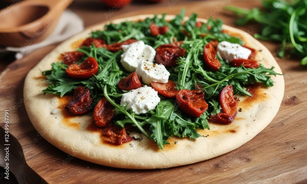 Crusty flatbread with goat cheese, sun dried tomatoes and arugula, flatbread, rustic bread, artisanal bread Crusty flatbread with goat cheese, sun dried tomatoes and arugula, flatbread, rustic bread, artisanal bread