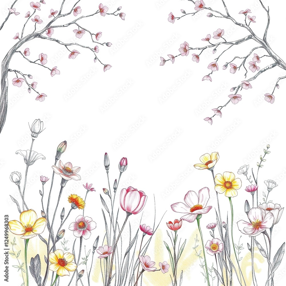 Whimsical Spring Sketch: Garden Dreams in Soft Pastel Hues Whimsical Spring Sketch: Garden Dreams in Soft Pastel Hues
