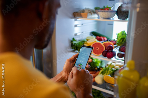 Man looking up healthy recipes on smartphone in front of open fridge with fresh vegetables photo