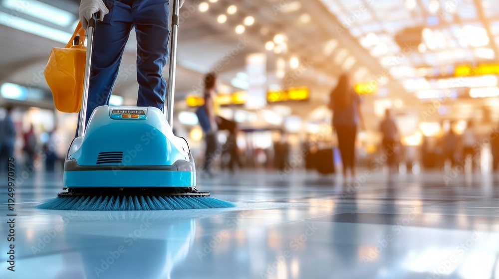 Fototapeta premium A person uses a floor-cleaning machine in a busy public space.