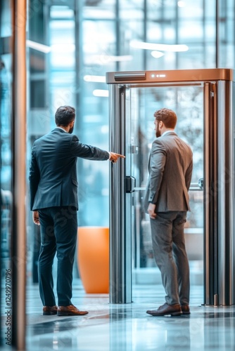 Two businessmen in suits converse near a revolving door in a modern office building.