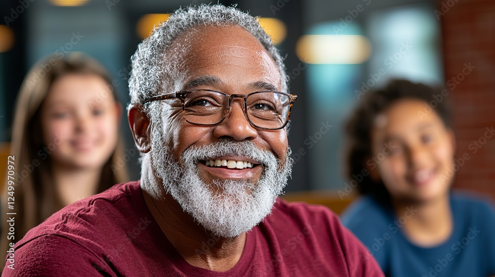 Smiling Black elderly man with glasses, surrounded by two young girls, showcasing a warm, joyful atmosphere. Smiling Black elderly man with glasses, surrounded by two young girls, showcasing a warm, joyful atmosphere.