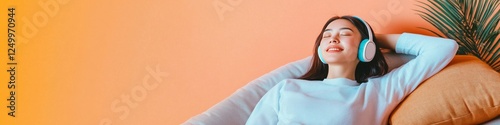 Young woman relaxes listening to music with headphones in a comfy chair.