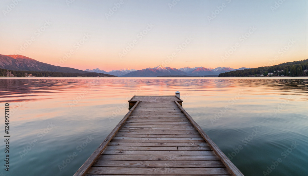 Wooden dock extending into tranquil lake at sunset Wooden dock extending into tranquil lake at sunset