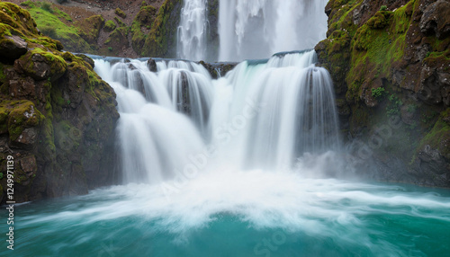 Waterfall cascading into turquoise pool surrounded by greenery