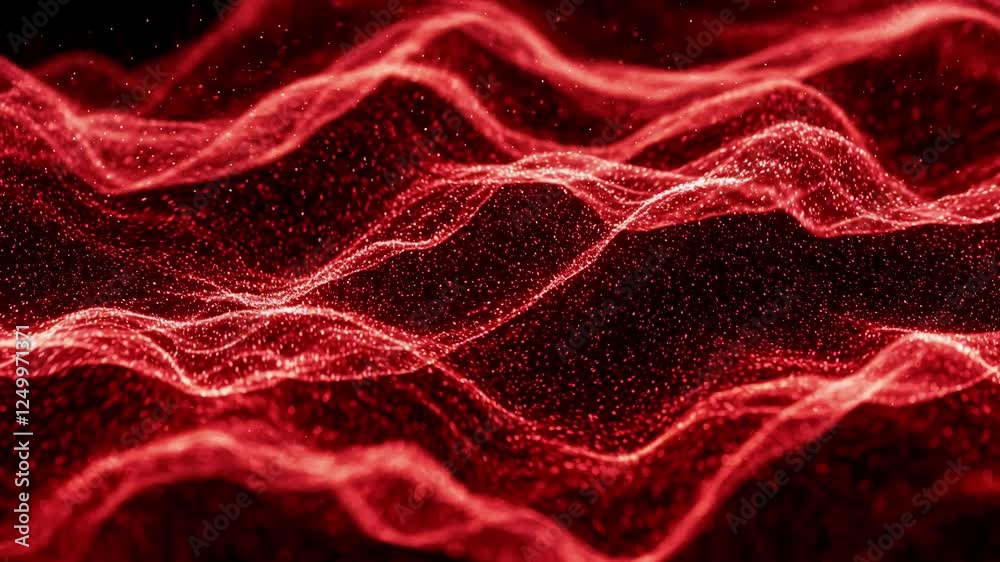 Red Particle Waves Abstract Energy Animation, Dynamic Black and Red Background, Wave-like Motion, Fluid Energy Flow, Digital Animation, Modern Motion Graphics with Abstract Energy Waves and Patterns