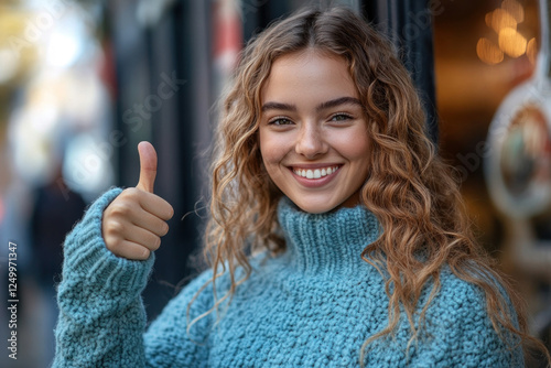 Woman giving a thumbs up, standing in front of a colorful graffiti wall, smiling brightly. photo