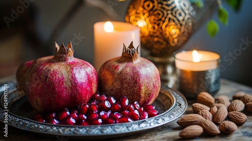 pomegranate, almonds, tray, candlelight, nowruz, festive, celebration, tradition, culture, silver, fabric, warmth, richness, luxury, elegance, decoration, holiday, gathering, family, heritage, symboli photo