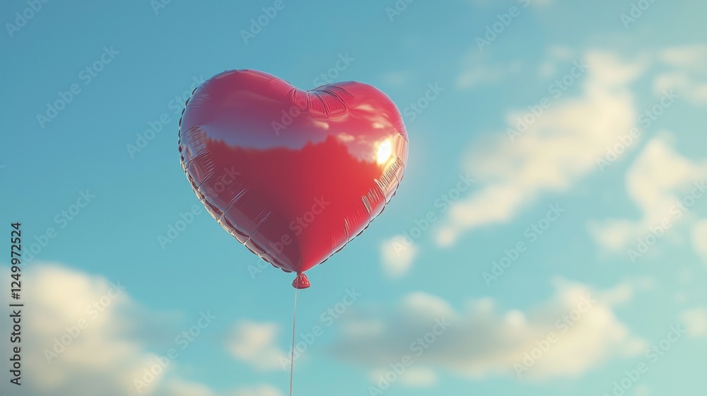 Obraz premium Red Heart Balloon Floating in a Clear Blue Sky with Soft Clouds
