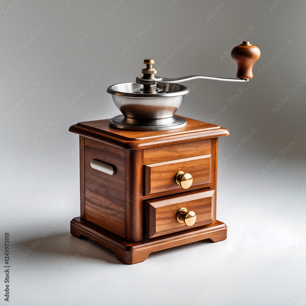Classic Wooden Coffee Grinder Still Life with Metal Accents Classic Wooden Coffee Grinder Still Life with Metal Accents