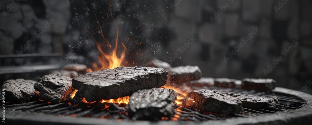 Dark grey ash falling from a metal barbecue grill, grilling, dark grey ash Dark grey ash falling from a metal barbecue grill, grilling, dark grey ash