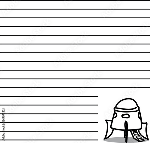 Lined sheet with spaceship with ramp at bottom of image