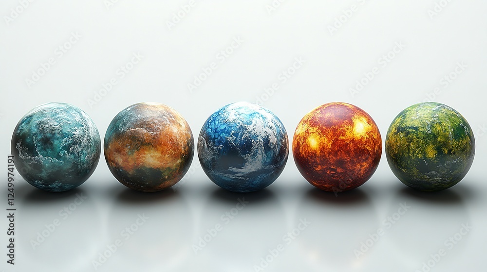 Five Planetary Spheres Displaying Diverse Surfaces Five Planetary Spheres Displaying Diverse Surfaces