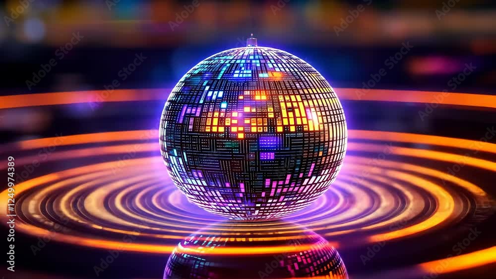 Dynamic glowing sphere surrounded by vibrant neon patterns, futuristic depiction, isolated with a clean gradient background for clarity and artistic rendering.
