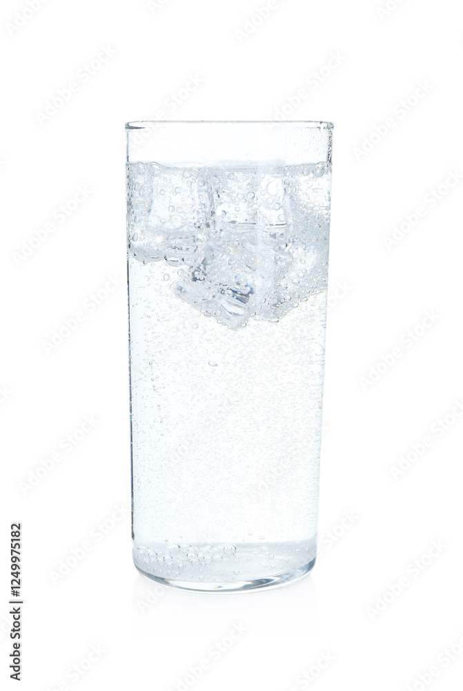 Glass of refreshing soda water with ice cubes isolated on white Glass of refreshing soda water with ice cubes isolated on white