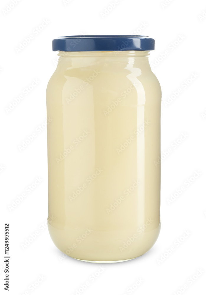 Tasty mayonnaise sauce in glass jar isolated on white Tasty mayonnaise sauce in glass jar isolated on white