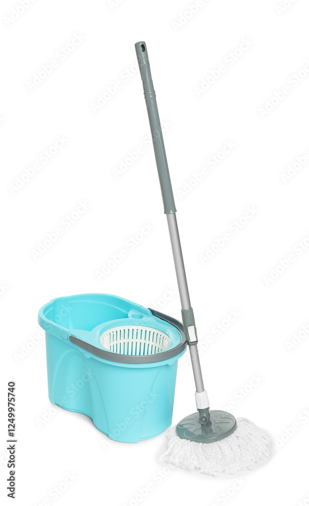 String mop and bucket isolated on white. Cleaning equipment String mop and bucket isolated on white. Cleaning equipment