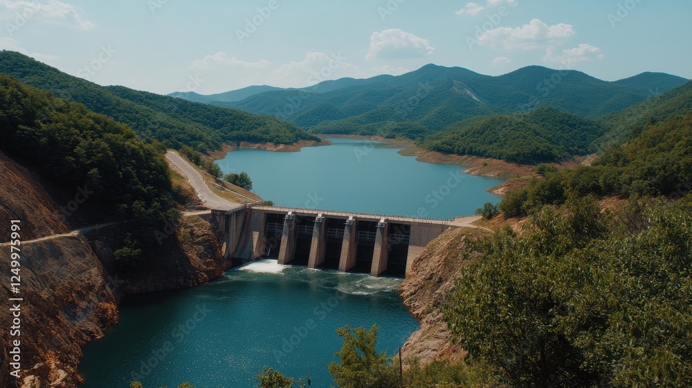 Scenic Overview of a Mountainous Reservoir with a Dam and Lush Green Surroundings Scenic Overview of a Mountainous Reservoir with a Dam and Lush Green Surroundings