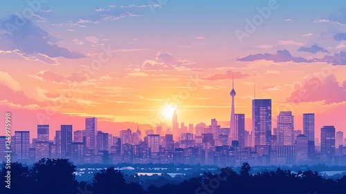 Cityscape sunrise, vibrant sky, urban skyline, distant trees, ideal for backgrounds