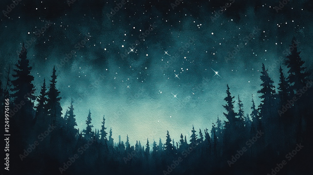 Fototapeta premium Starry Night Sky Above Silhouetted Pine Trees