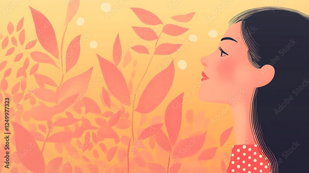 Woman Profile Amidst Coral Leaf Design Woman Profile Amidst Coral Leaf Design