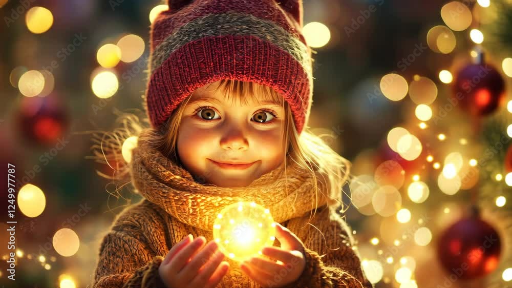 child holding a glowing object, surrounded by festive decorations, warm and cheerful tones, focus on joy and innocence child holding a glowing object, surrounded by festive decorations, warm and cheerful tones, focus on joy and innocence