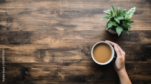 A hand holds coffee on a wooden table with a plant