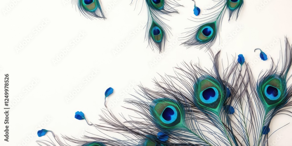 Obraz premium Delicate blue peacock feathers scattered on a soft background, peacock feathers, antique, vibrant colours