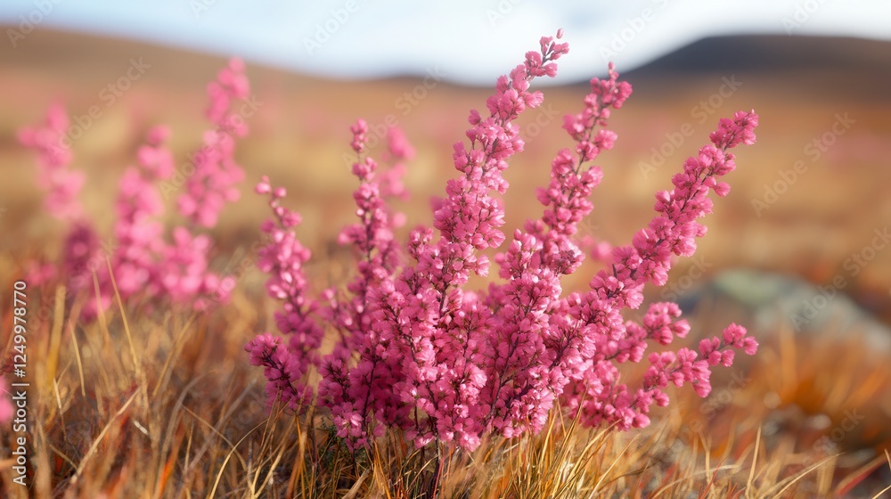 Naklejka premium Pink Heather Flowers in Golden Grass Field