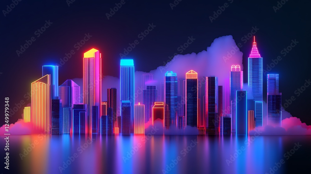 Vibrant Neon City Skyline at Night With Colorful Lights Reflecting on Calm Water Vibrant Neon City Skyline at Night With Colorful Lights Reflecting on Calm Water