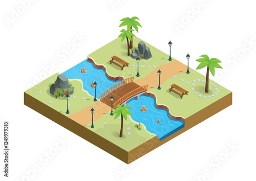 Beautiful isometric park with river