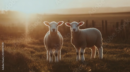 Golden Hour Lambs: A Pastoral Scene at Sunset