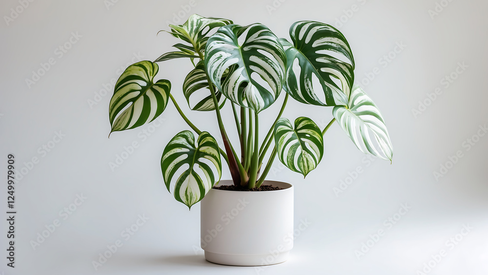Monstera Plant in White Pot with Variegated Leaves on White Background Monstera Plant in White Pot with Variegated Leaves on White Background