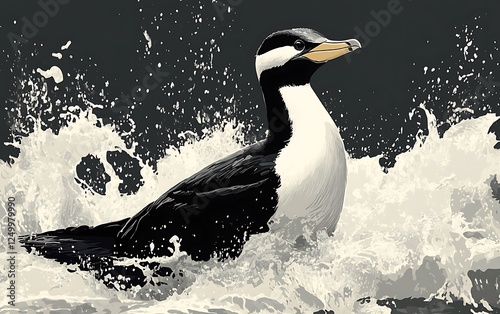 Seabird riding ocean waves, splashing water, dark background, wildlife image photo