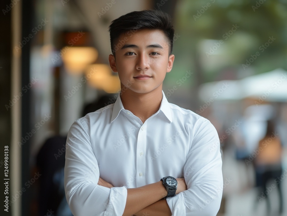 Obraz premium Confident job seeker in a modern office setting. Professional, warm and energetic image. Perfect for recruitment, career content, marketing materials, websites, social media and print.