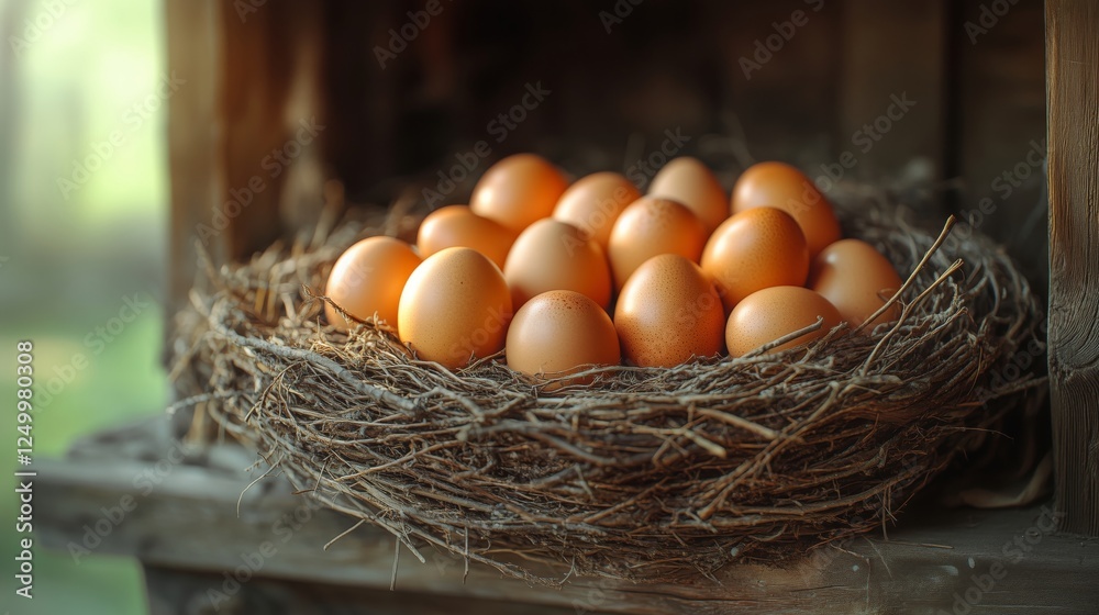 Nest of Fresh Brown Eggs in a Cozy Rustic Environment Nest of Fresh Brown Eggs in a Cozy Rustic Environment