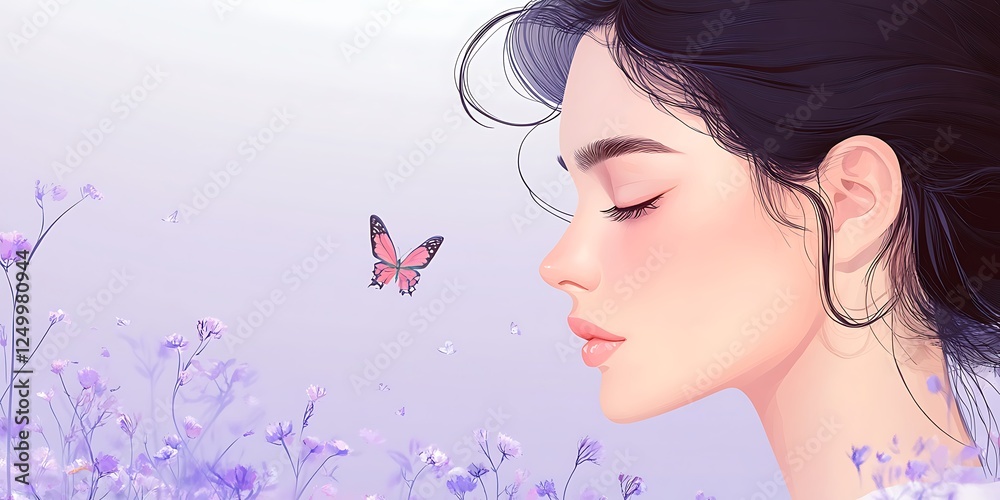 Fototapeta premium Serene woman with closed eyes near purple flowers and butterfly