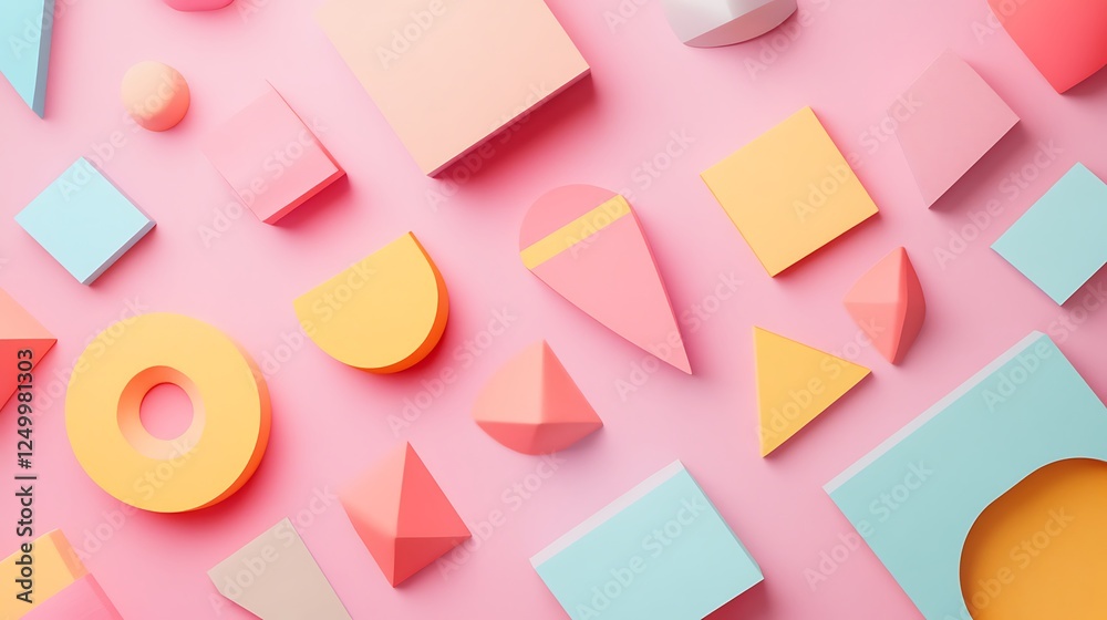 Pastel Colored Geometric Shapes Arranged on Pink Background Pastel Colored Geometric Shapes Arranged on Pink Background