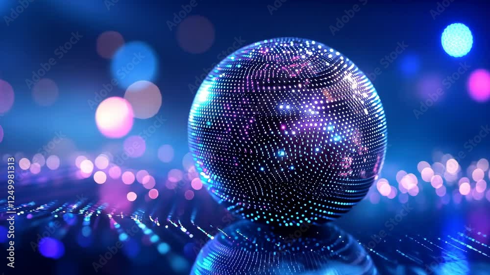 Dynamic glowing sphere surrounded by vibrant neon patterns, futuristic depiction, isolated with a clean gradient background for clarity and artistic rendering.