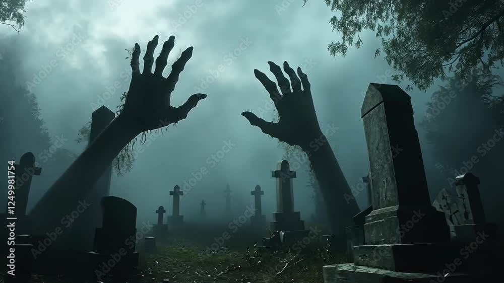 Sinister hands emerging from the ground in a dark graveyard, surrounded by swirling fog.