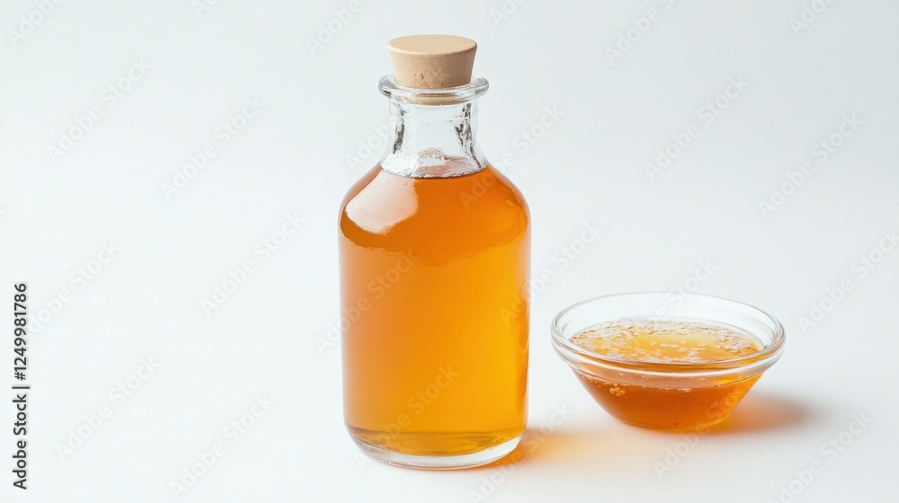 Glass bottle of kombucha with small bowl on white background Glass bottle of kombucha with small bowl on white background