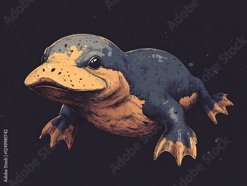 Platypus swimming in dark water, wildlife conservation illustration photo