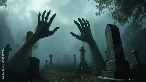 Sinister hands emerging from the ground in a dark graveyard, surrounded by swirling fog.