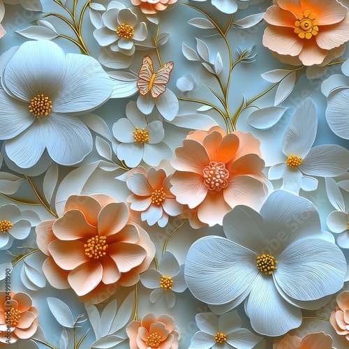 Intricate 3D Floral Design Featuring Pastel Blue and Peach Flowers with Butterfly Embellishments