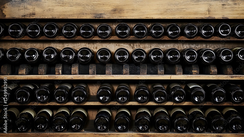 Wine Cellar: Rows of Bottles in Wooden Rack Wine Cellar: Rows of Bottles in Wooden Rack