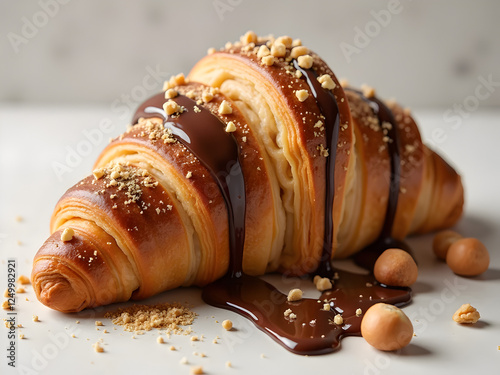 Hazelnut Chocolate Croissant – Nutty and Decadent: A golden-brown croissant with a luscious hazelnut chocolate filling, topped with crushed hazelnuts and drizzled with chocolate.