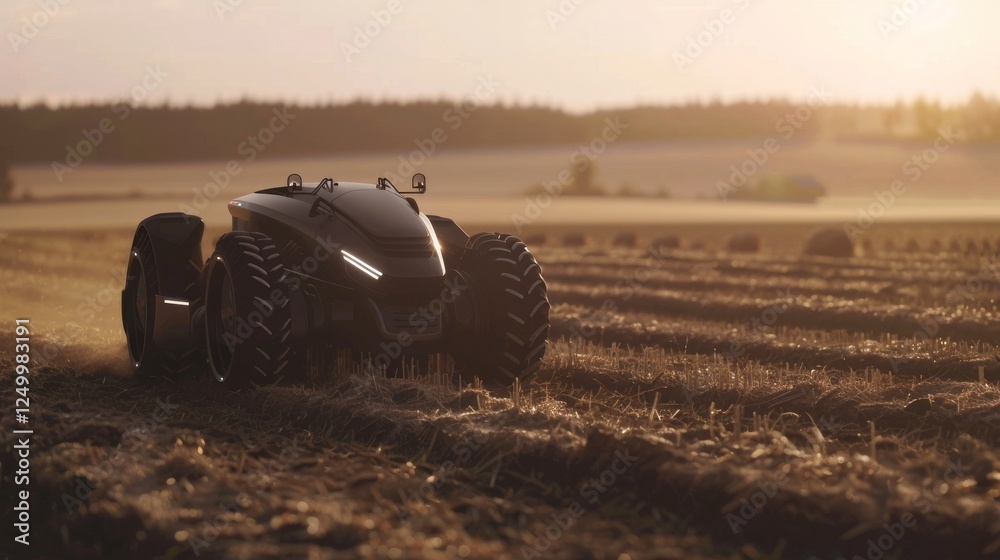 Obraz premium Futuristic Autonomous Tractor Tilling Soil with Modern Design in Agriculture Field
